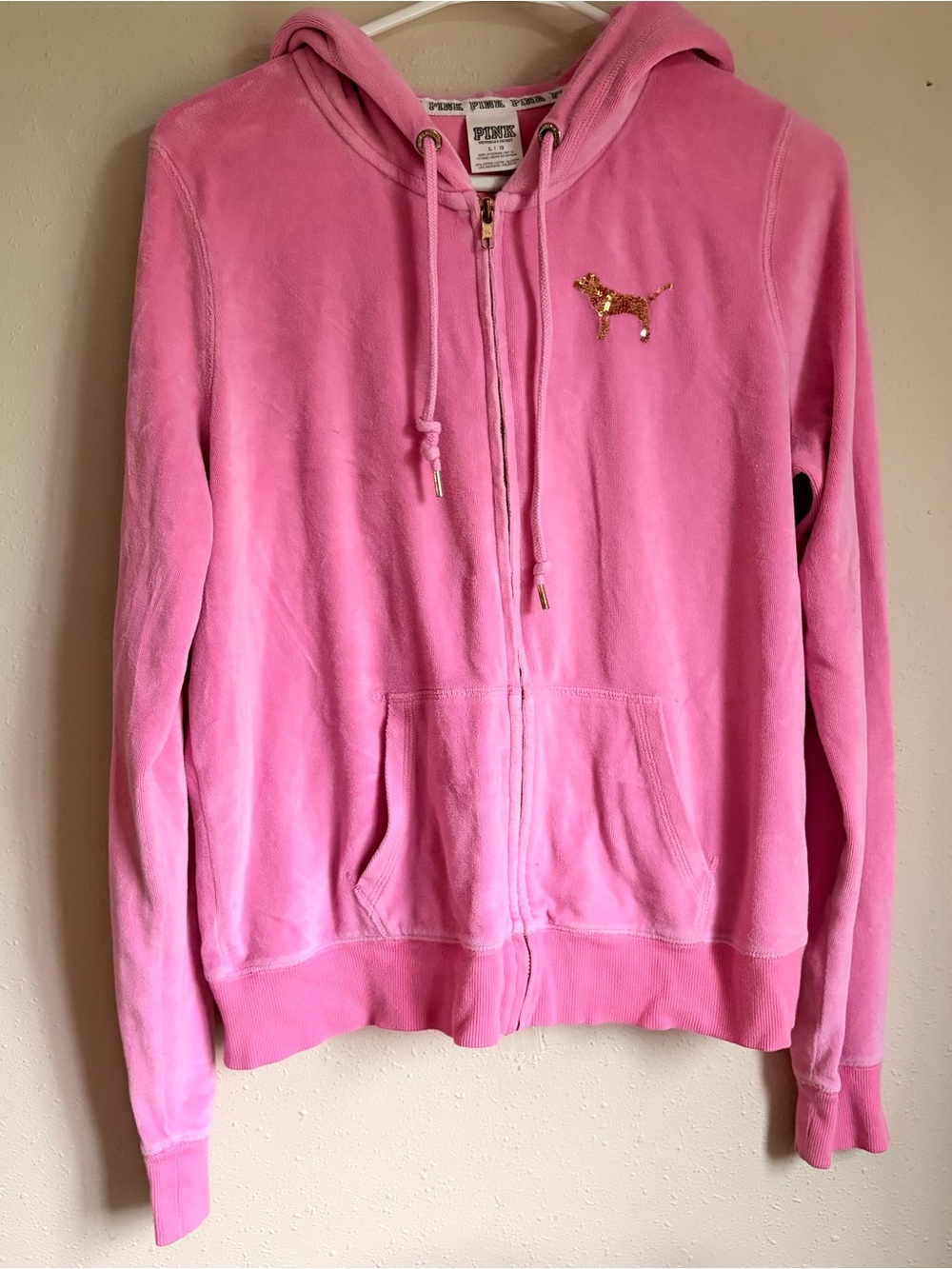 Vintage Y2K Victoria's Secret PINK Pink Velour Zip Hoodie with Gold Accents